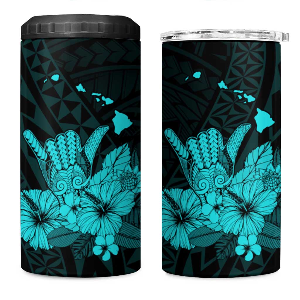 Turquoise Hawaiian Hibiscus Shaka Sign 4 in 1 Can Cooler Tumbler