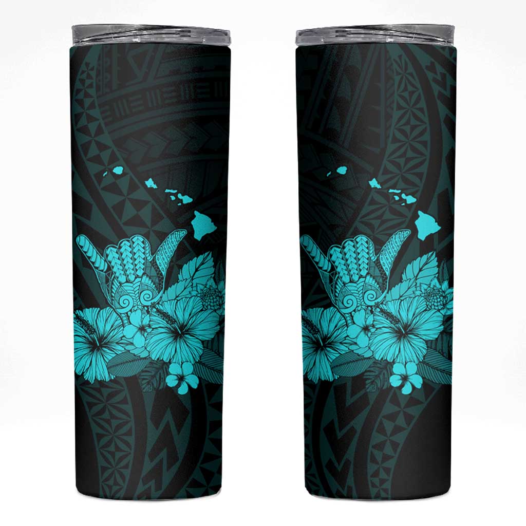 Turquoise Hawaiian Hibiscus Shaka Sign Skinny Tumbler