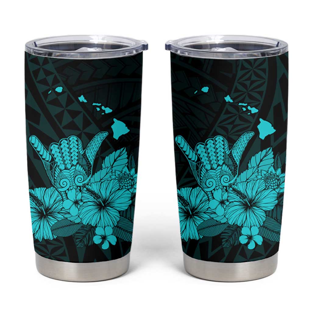 Turquoise Hawaiian Hibiscus Shaka Sign Tumbler Cup