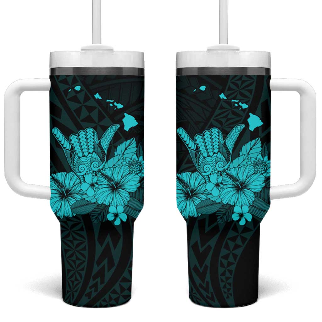 Turquoise Hawaiian Hibiscus Shaka Sign Tumbler With Handle