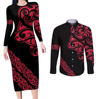 All Black Maori Tribal Tattoo Personalised Couples Matching Long Sleeve Bodycon Dress and Long Sleeve Button Shirt Classic Red Polynesian Style - Polynesian Pride