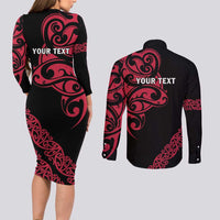 All Black Maori Tribal Tattoo Personalised Couples Matching Long Sleeve Bodycon Dress and Long Sleeve Button Shirt Classic Red Polynesian Style - Polynesian Pride