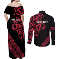 All Black Maori Tribal Tattoo Personalised Couples Matching Off Shoulder Maxi Dress and Long Sleeve Button Shirt Classic Red Polynesian Style - Polynesian Pride