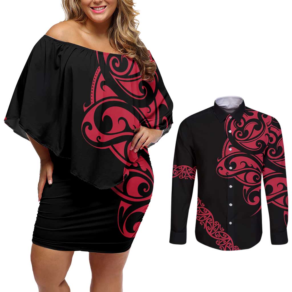 All Black Maori Tribal Tattoo Personalised Couples Matching Off Shoulder Short Dress and Long Sleeve Button Shirt Classic Red Polynesian Style - Polynesian Pride