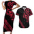 All Black Maori Tribal Tattoo Personalised Couples Matching Short Sleeve Bodycon Dress and Hawaiian Shirt Classic Red Polynesian Style - Polynesian Pride