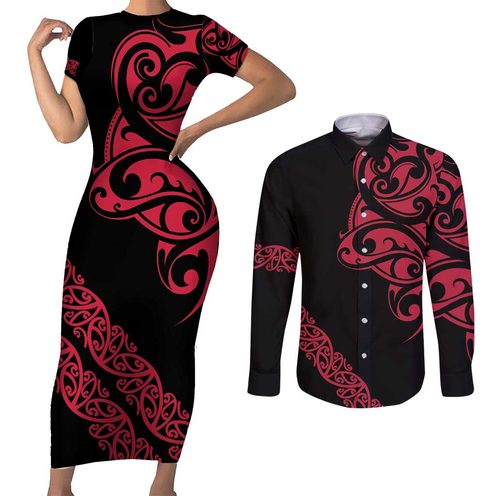 All Black Maori Tribal Tattoo Personalised Couples Matching Short Sleeve Bodycon Dress and Long Sleeve Button Shirt Classic Red Polynesian Style - Polynesian Pride