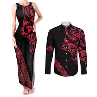 All Black Maori Tribal Tattoo Personalised Couples Matching Tank Maxi Dress and Long Sleeve Button Shirt Classic Red Polynesian Style - Polynesian Pride
