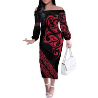 All Black Maori Tribal Tattoo Personalised Family Matching Off The Shoulder Long Sleeve Dress and Hawaiian Shirt Classic Red Polynesian Style - Polynesian Pride