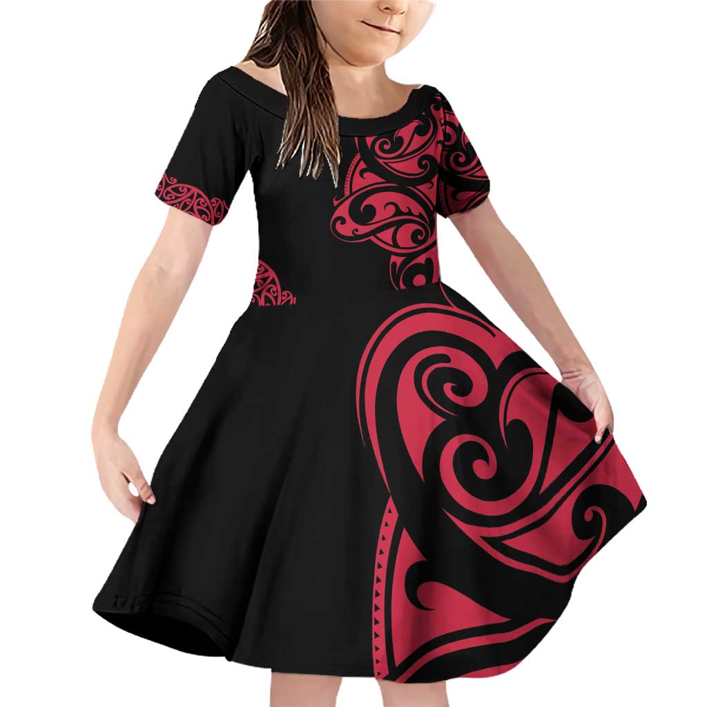 All Black Maori Tribal Tattoo Personalised Family Matching Off Shoulder Short Dress and Hawaiian Shirt Classic Red Polynesian Style - Polynesian Pride