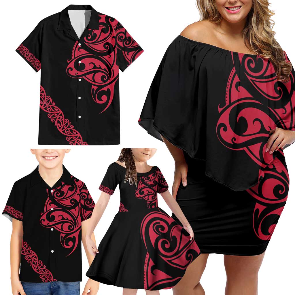 All Black Maori Tribal Tattoo Personalised Family Matching Off Shoulder Short Dress and Hawaiian Shirt Classic Red Polynesian Style - Polynesian Pride