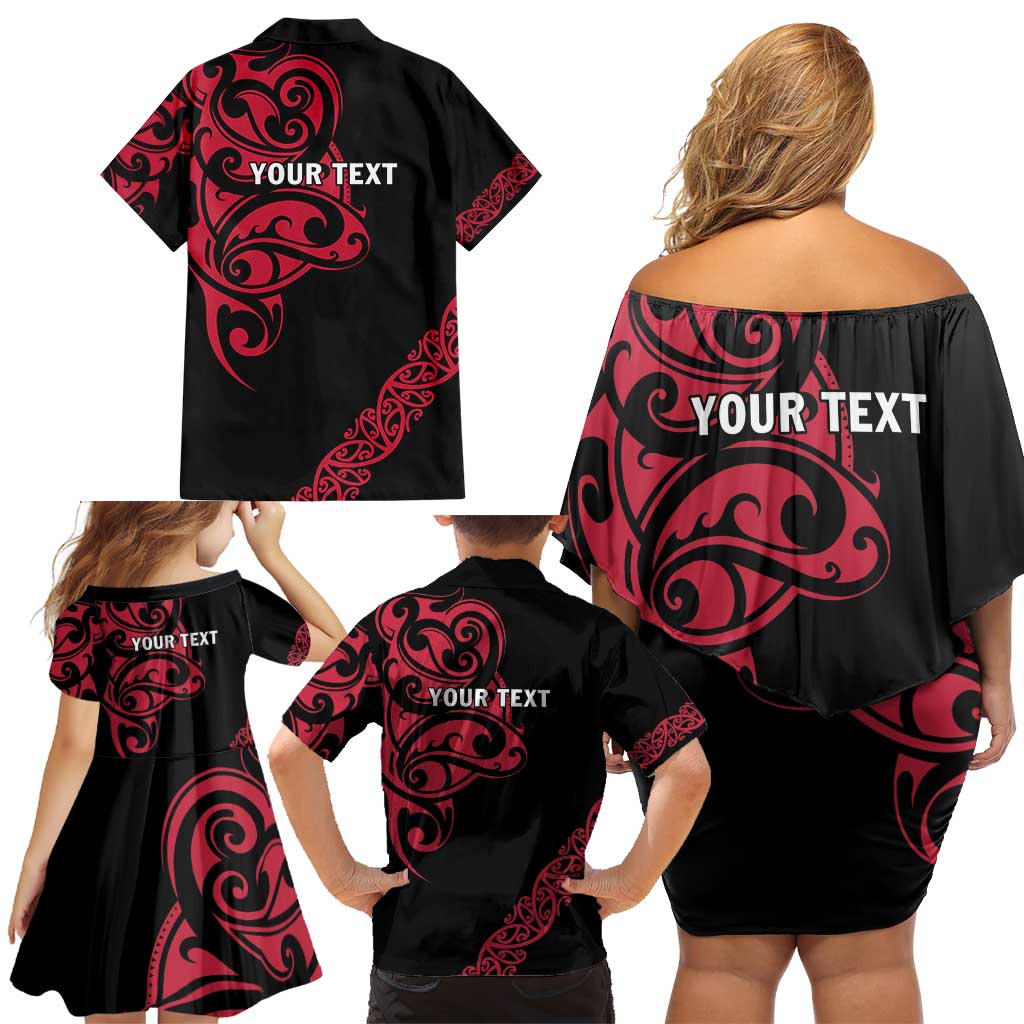 All Black Maori Tribal Tattoo Personalised Family Matching Off Shoulder Short Dress and Hawaiian Shirt Classic Red Polynesian Style - Polynesian Pride