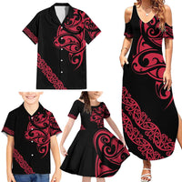 All Black Maori Tribal Tattoo Personalised Family Matching Summer Maxi Dress and Hawaiian Shirt Classic Red Polynesian Style - Polynesian Pride