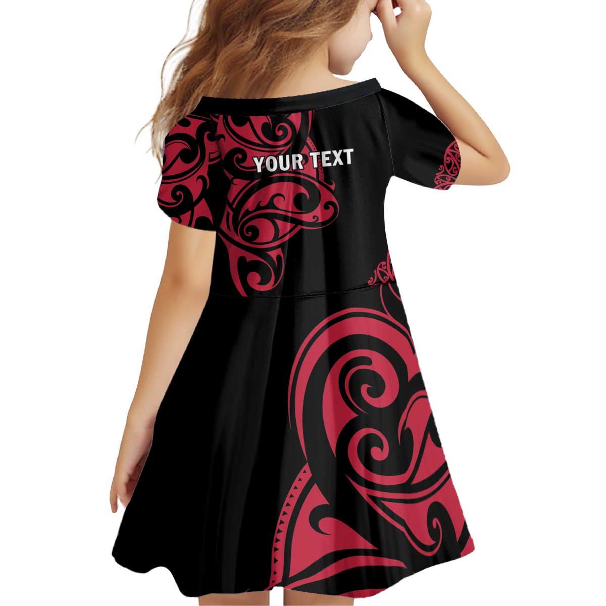 All Black Maori Tribal Tattoo Personalised Kid Short Sleeve Dress Classic Red Polynesian Style - Polynesian Pride