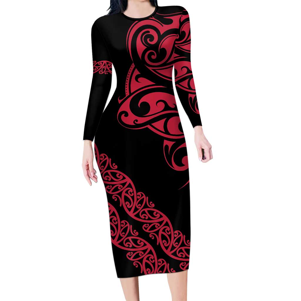 All Black Maori Tribal Tattoo Personalised Long Sleeve Bodycon Dress Classic Red Polynesian Style - Polynesian Pride