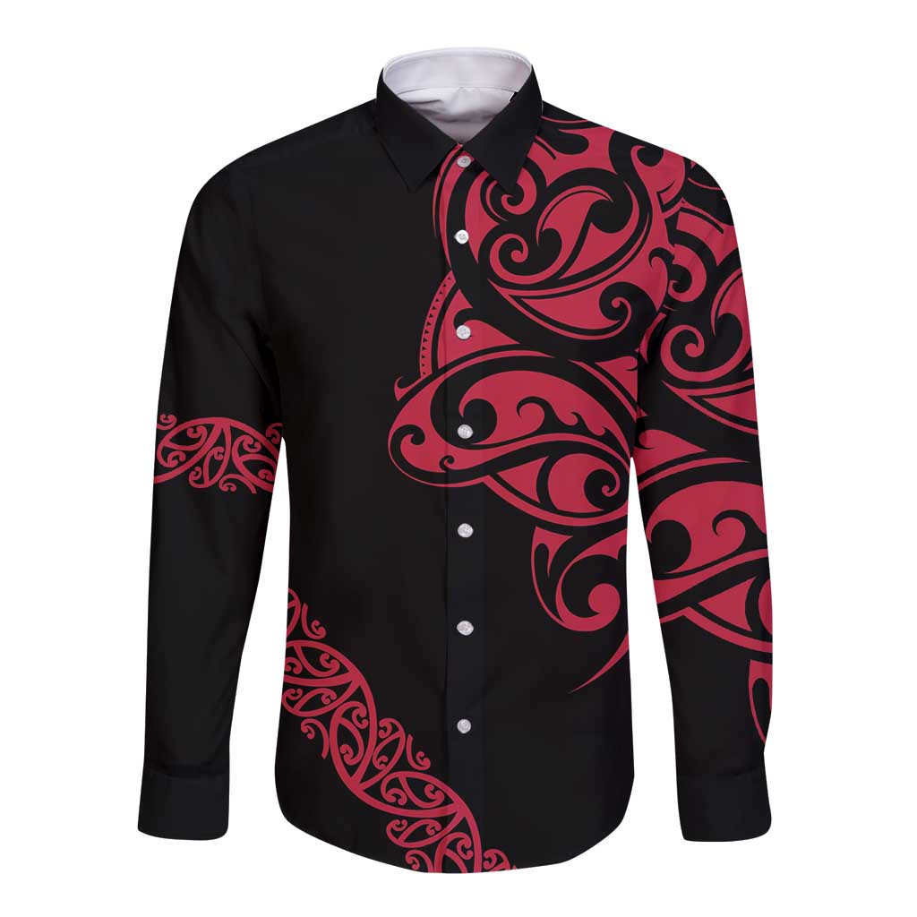 All Black Maori Tribal Tattoo Personalised Long Sleeve Button Shirt Classic Red Polynesian Style - Polynesian Pride
