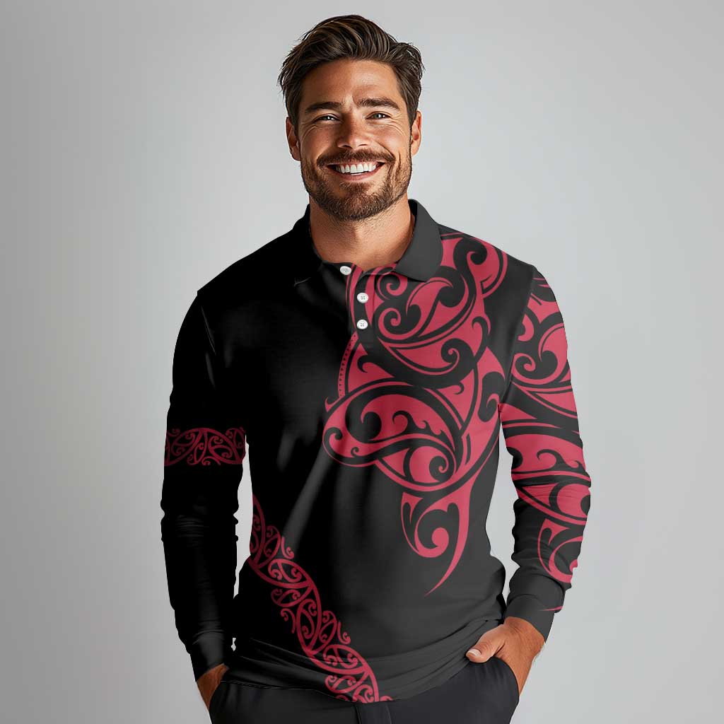 All Black Maori Tribal Tattoo Personalised Long Sleeve Polo Shirt Classic Red Polynesian Style - Polynesian Pride