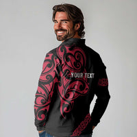 All Black Maori Tribal Tattoo Personalised Long Sleeve Polo Shirt Classic Red Polynesian Style - Polynesian Pride