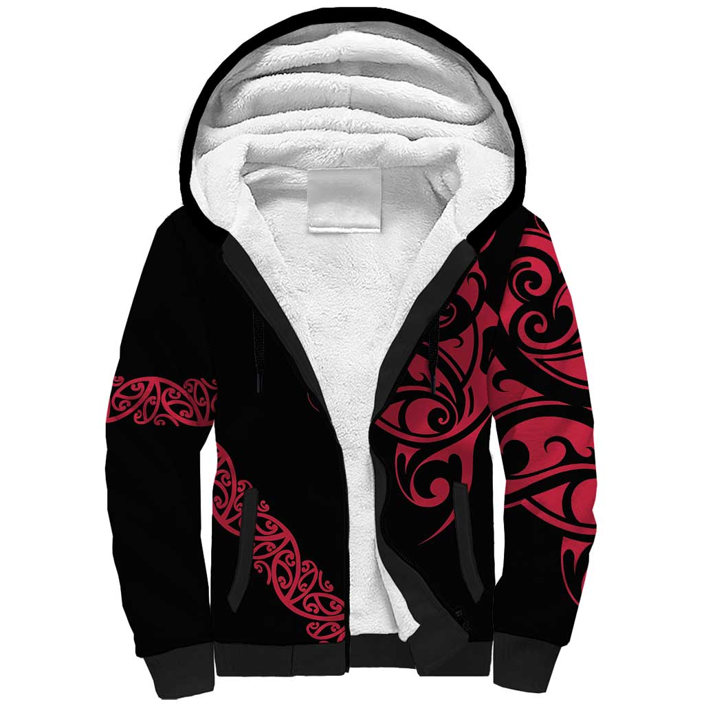 All Black Maori Tribal Tattoo Personalised Sherpa Hoodie Classic Red Polynesian Style - Polynesian Pride