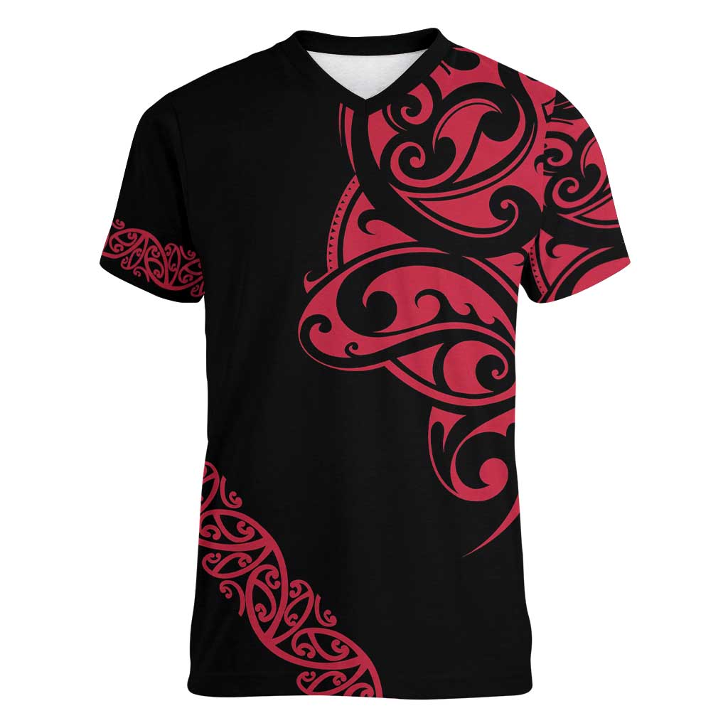 All Black Maori Tribal Tattoo Personalised Women V-Neck T-Shirt Classic Red Polynesian Style - Polynesian Pride