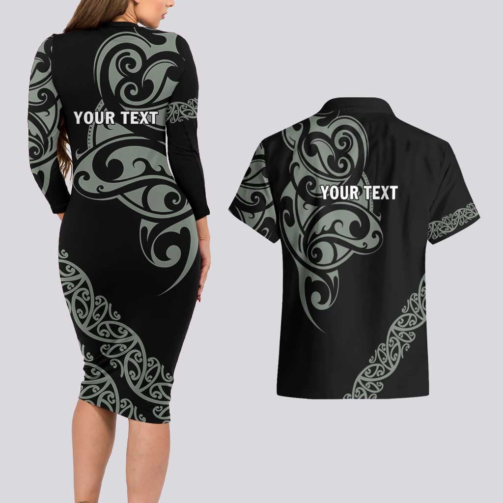 All Black Maori Tribal Tattoo Personalised Couples Matching Long Sleeve Bodycon Dress and Hawaiian Shirt Moss Green Polynesian Style - Polynesian Pride