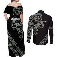 All Black Maori Tribal Tattoo Personalised Couples Matching Off Shoulder Maxi Dress and Long Sleeve Button Shirt Moss Green Polynesian Style - Polynesian Pride