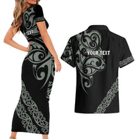 All Black Maori Tribal Tattoo Personalised Couples Matching Short Sleeve Bodycon Dress and Hawaiian Shirt Moss Green Polynesian Style - Polynesian Pride