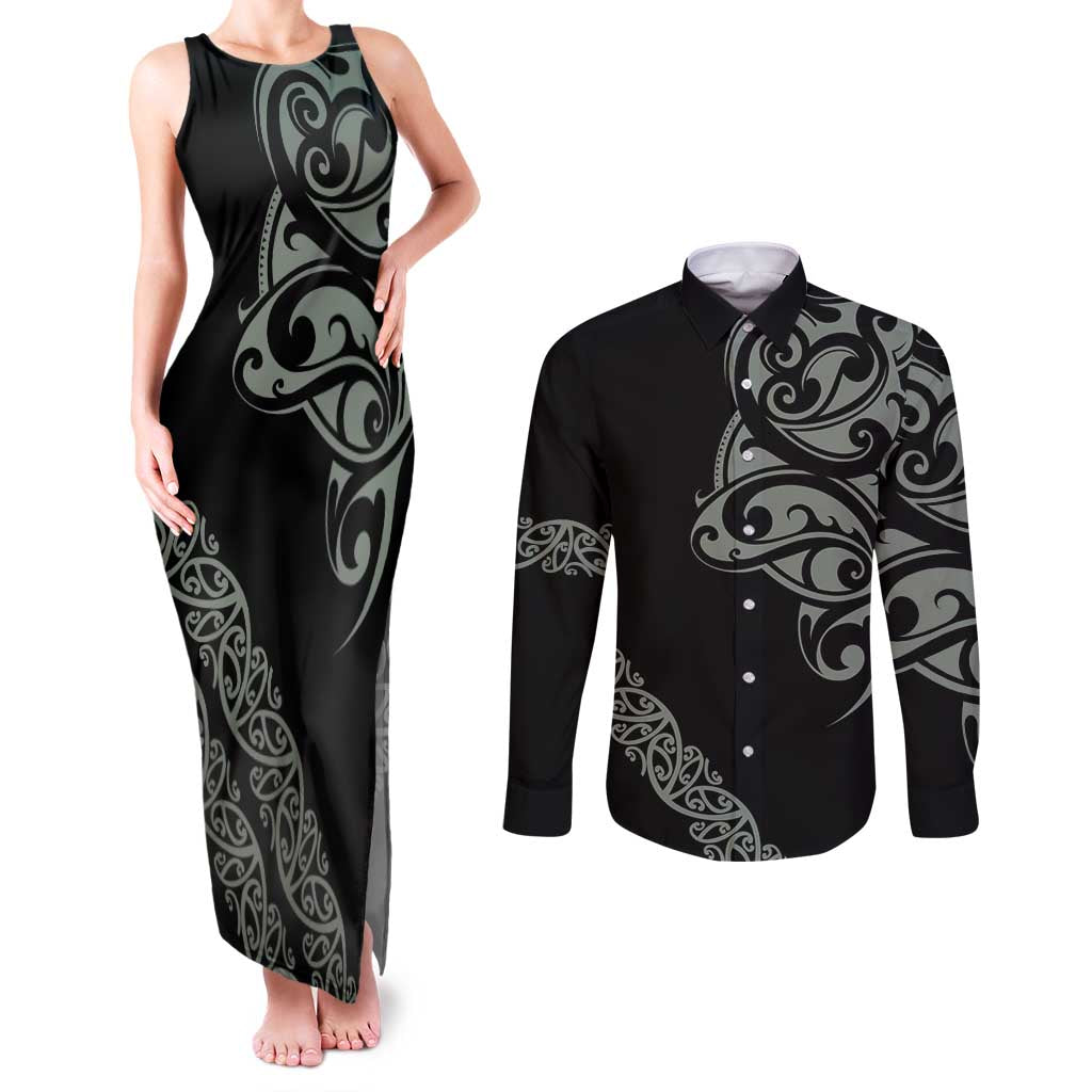 All Black Maori Tribal Tattoo Personalised Couples Matching Tank Maxi Dress and Long Sleeve Button Shirt Moss Green Polynesian Style - Polynesian Pride