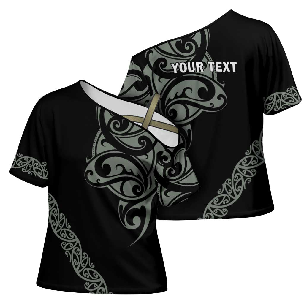 All Black Maori Tribal Tattoo Personalised Cross Shoulder Shirt Moss Green Polynesian Style - Polynesian Pride