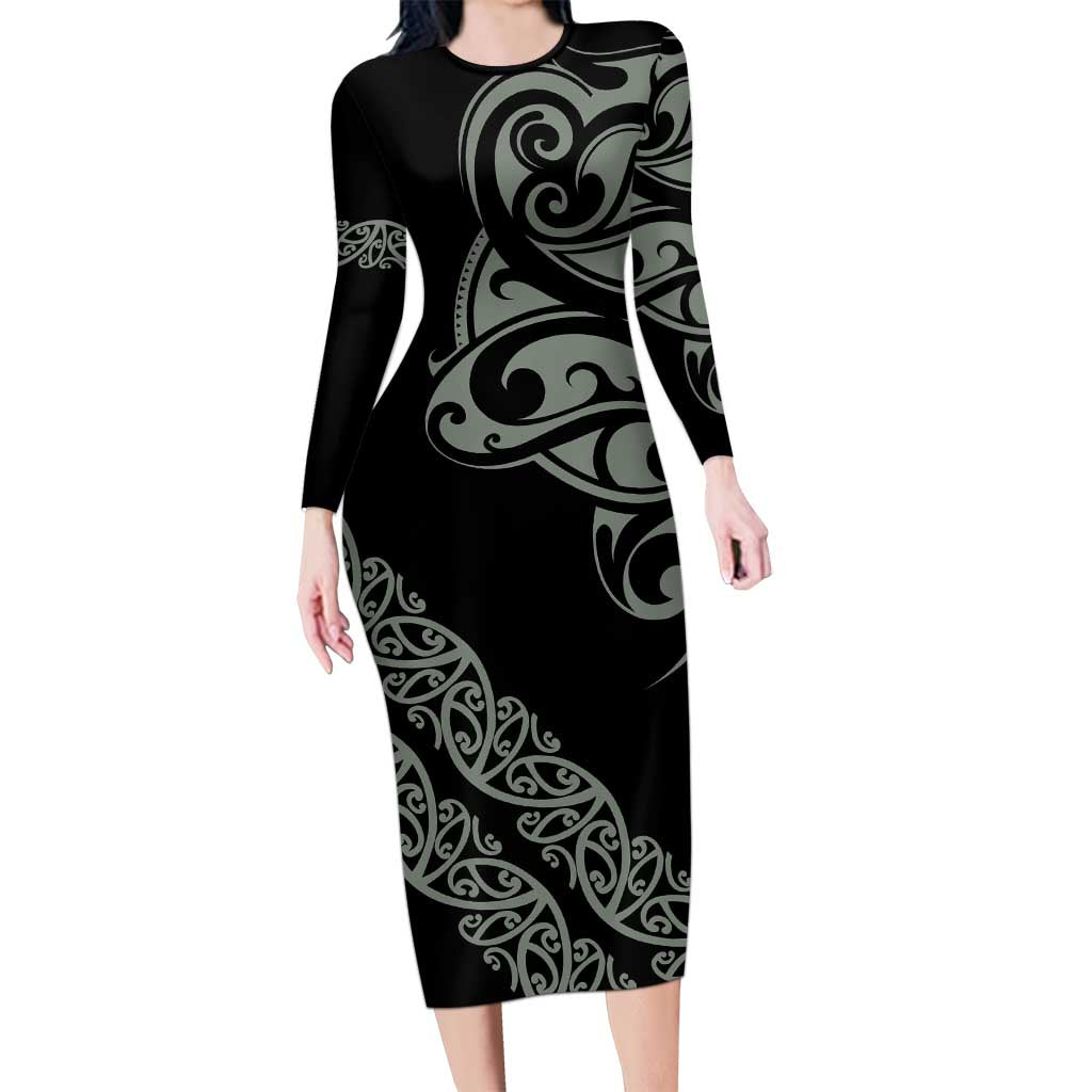 All Black Maori Tribal Tattoo Personalised Family Matching Long Sleeve Bodycon Dress and Hawaiian Shirt Moss Green Polynesian Style - Polynesian Pride