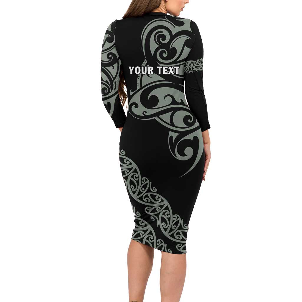 All Black Maori Tribal Tattoo Personalised Family Matching Long Sleeve Bodycon Dress and Hawaiian Shirt Moss Green Polynesian Style - Polynesian Pride
