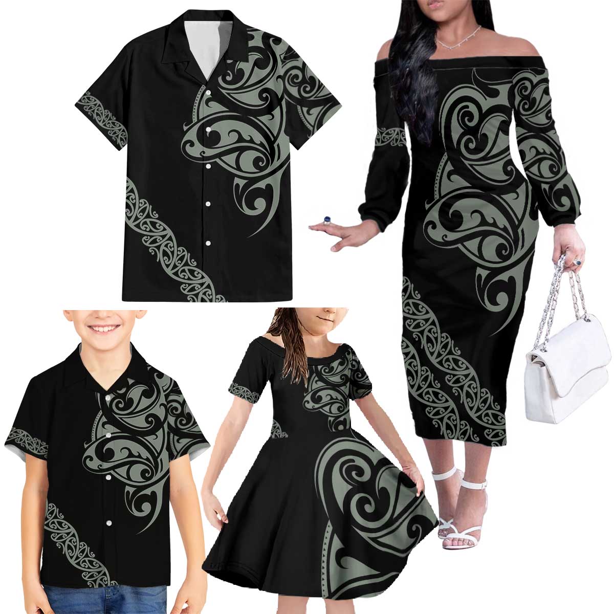 All Black Maori Tribal Tattoo Personalised Family Matching Off The Shoulder Long Sleeve Dress and Hawaiian Shirt Moss Green Polynesian Style - Polynesian Pride