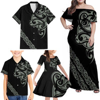 All Black Maori Tribal Tattoo Personalised Family Matching Off Shoulder Maxi Dress and Hawaiian Shirt Moss Green Polynesian Style - Polynesian Pride