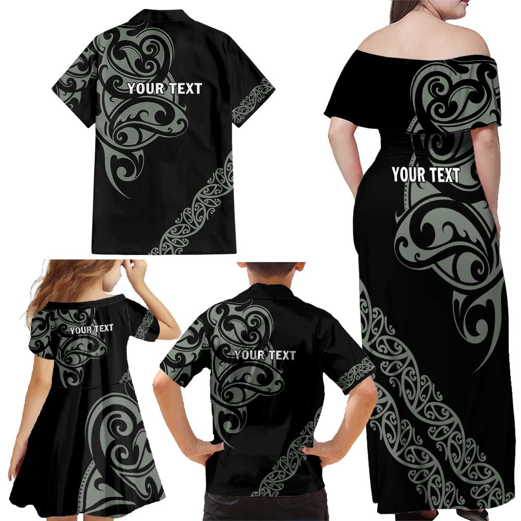 All Black Maori Tribal Tattoo Personalised Family Matching Off Shoulder Maxi Dress and Hawaiian Shirt Moss Green Polynesian Style - Polynesian Pride