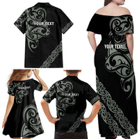All Black Maori Tribal Tattoo Personalised Family Matching Off Shoulder Maxi Dress and Hawaiian Shirt Moss Green Polynesian Style - Polynesian Pride
