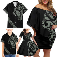 All Black Maori Tribal Tattoo Personalised Family Matching Off Shoulder Short Dress and Hawaiian Shirt Moss Green Polynesian Style - Polynesian Pride