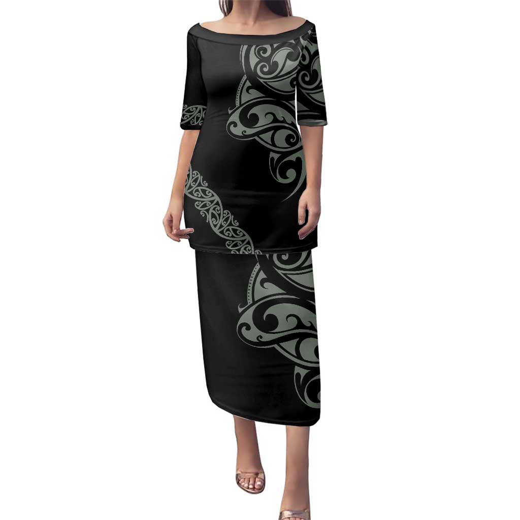 All Black Maori Tribal Tattoo Personalised Family Matching Puletasi and Hawaiian Shirt Moss Green Polynesian Style - Polynesian Pride