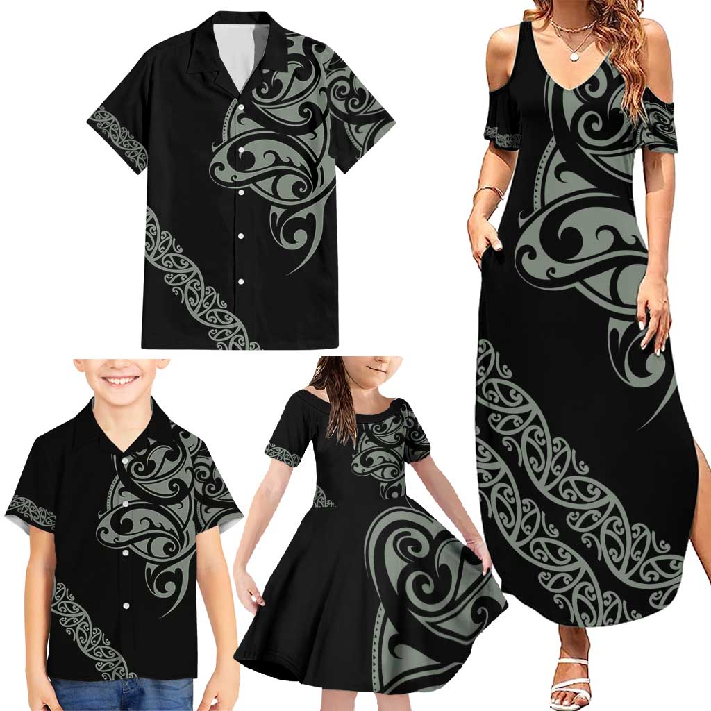 All Black Maori Tribal Tattoo Personalised Family Matching Summer Maxi Dress and Hawaiian Shirt Moss Green Polynesian Style - Polynesian Pride