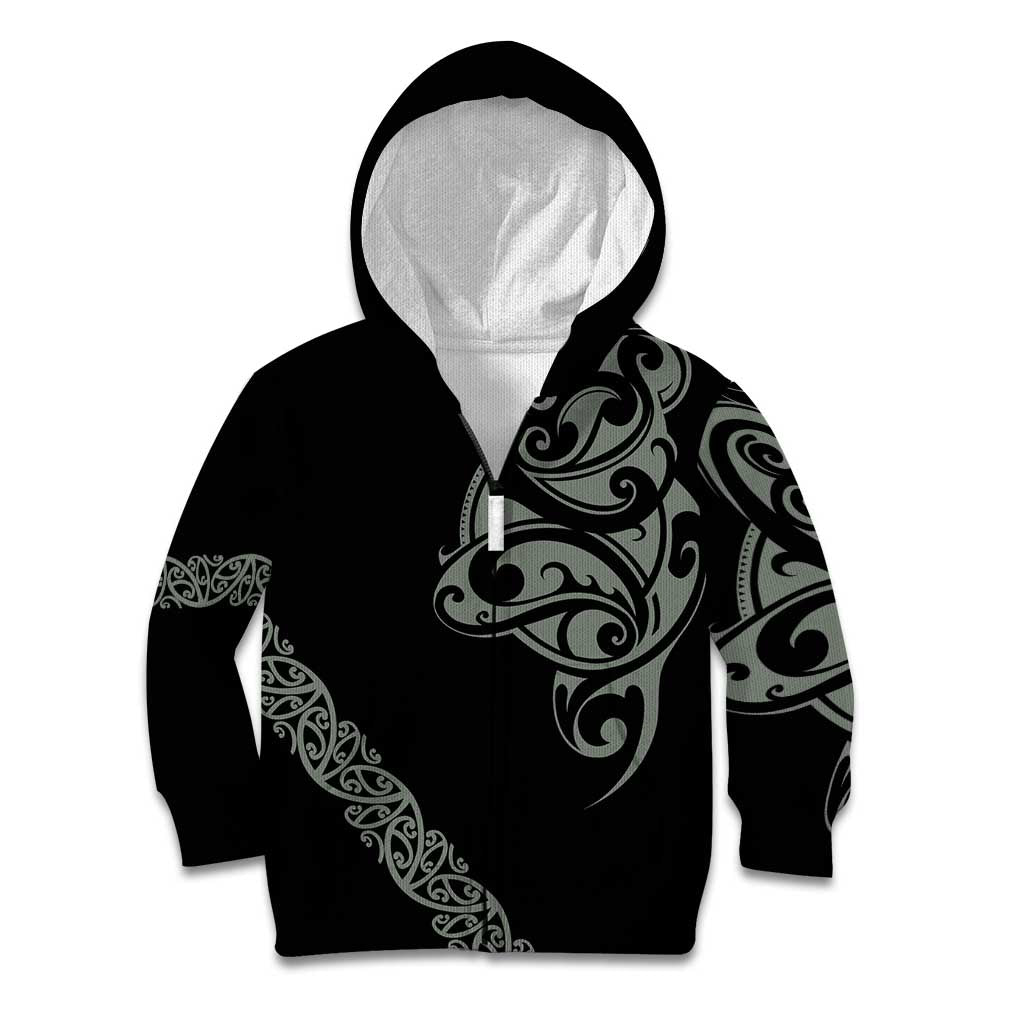 All Black Maori Tribal Tattoo Personalised Kid Hoodie Moss Green Polynesian Style - Polynesian Pride