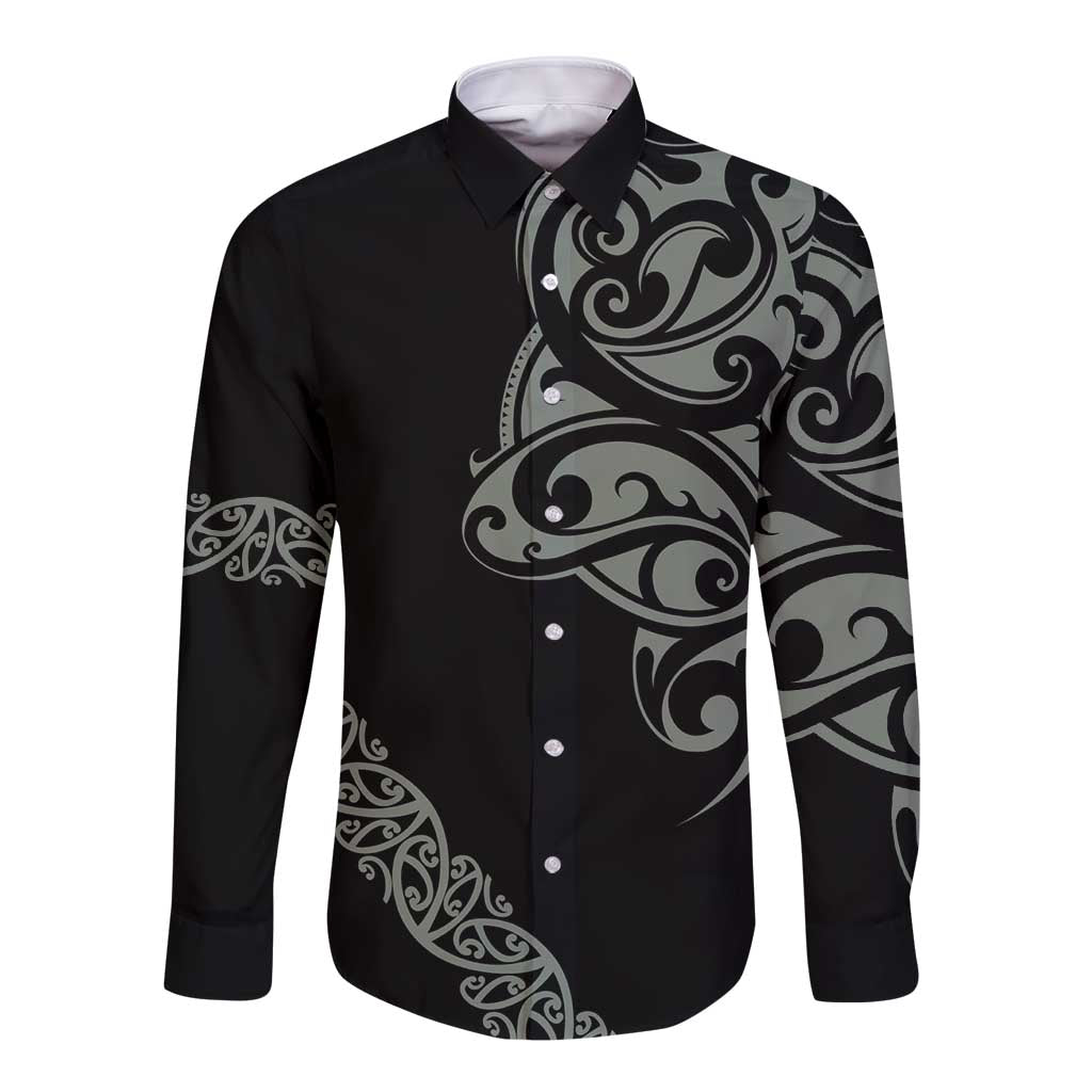 All Black Maori Tribal Tattoo Personalised Long Sleeve Button Shirt Moss Green Polynesian Style - Polynesian Pride