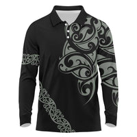 All Black Maori Tribal Tattoo Personalised Long Sleeve Polo Shirt Moss Green Polynesian Style - Polynesian Pride