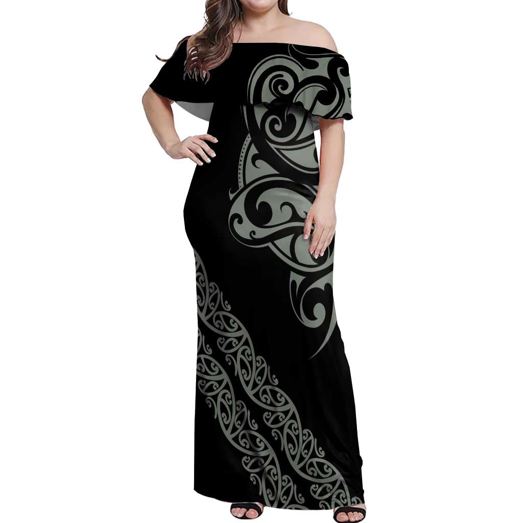 All Black Maori Tribal Tattoo Personalised Off Shoulder Maxi Dress Moss Green Polynesian Style - Polynesian Pride