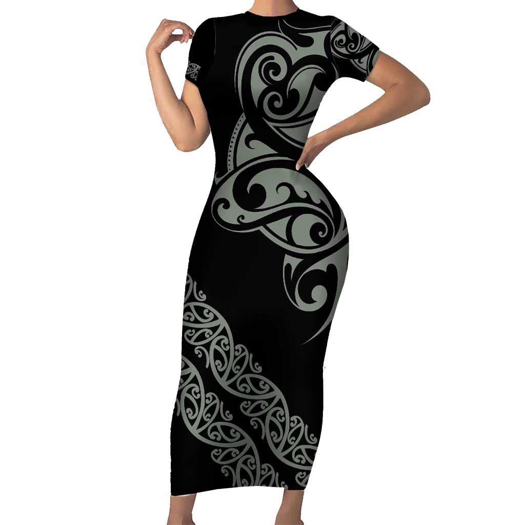 All Black Maori Tribal Tattoo Personalised Short Sleeve Bodycon Dress Moss Green Polynesian Style - Polynesian Pride