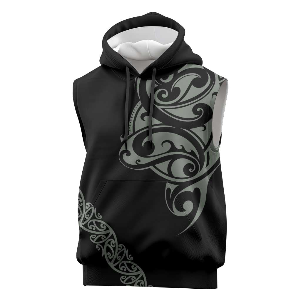 All Black Maori Tribal Tattoo Personalised Sleeveless Hoodie Moss Green Polynesian Style - Polynesian Pride