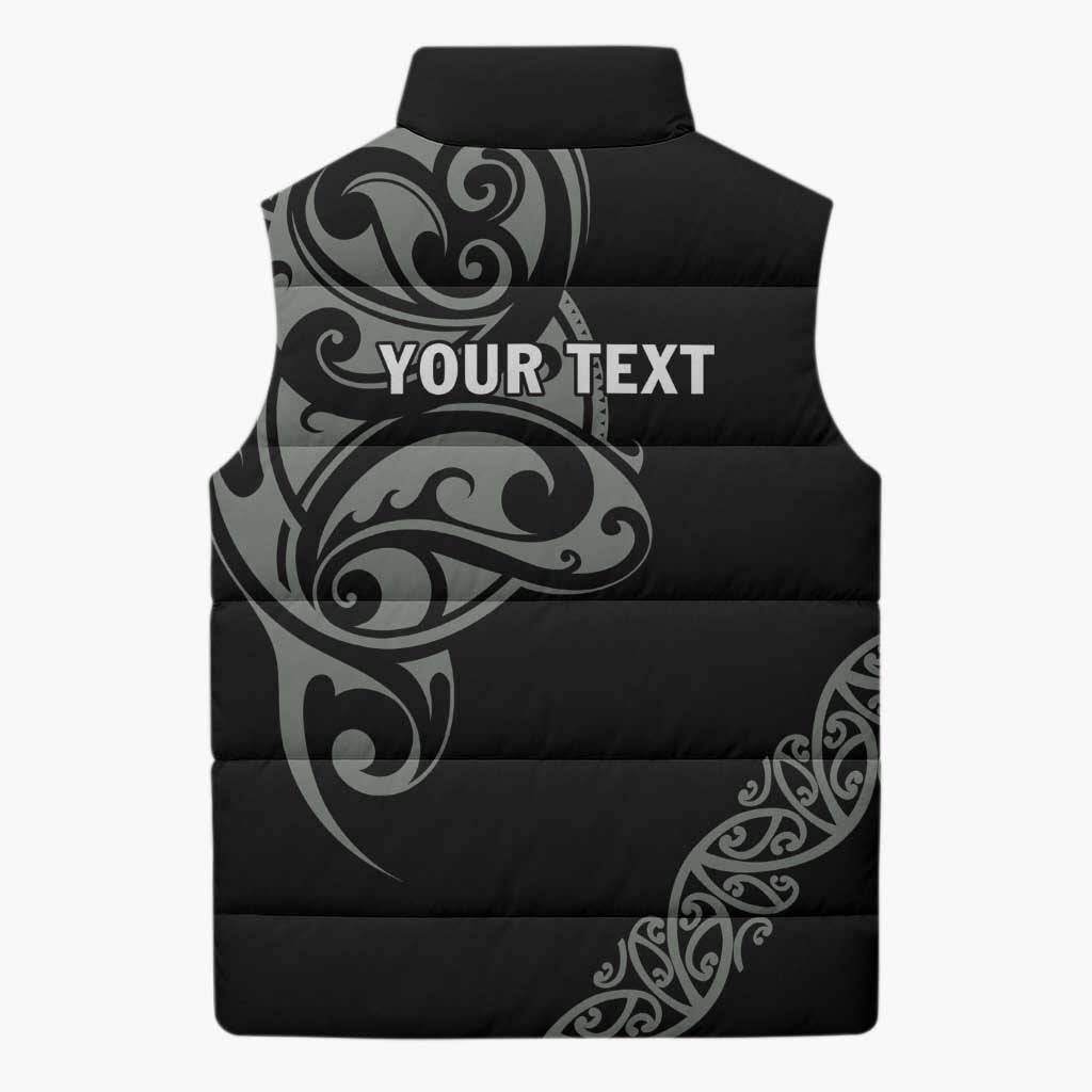 All Black Maori Tribal Tattoo Personalised Sleeveless Puffer Jacket Moss Green Polynesian Style - Polynesian Pride