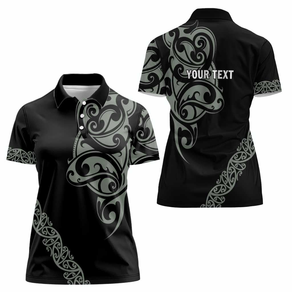 All Black Maori Tribal Tattoo Personalised Women Polo Shirt Moss Green Polynesian Style - Polynesian Pride