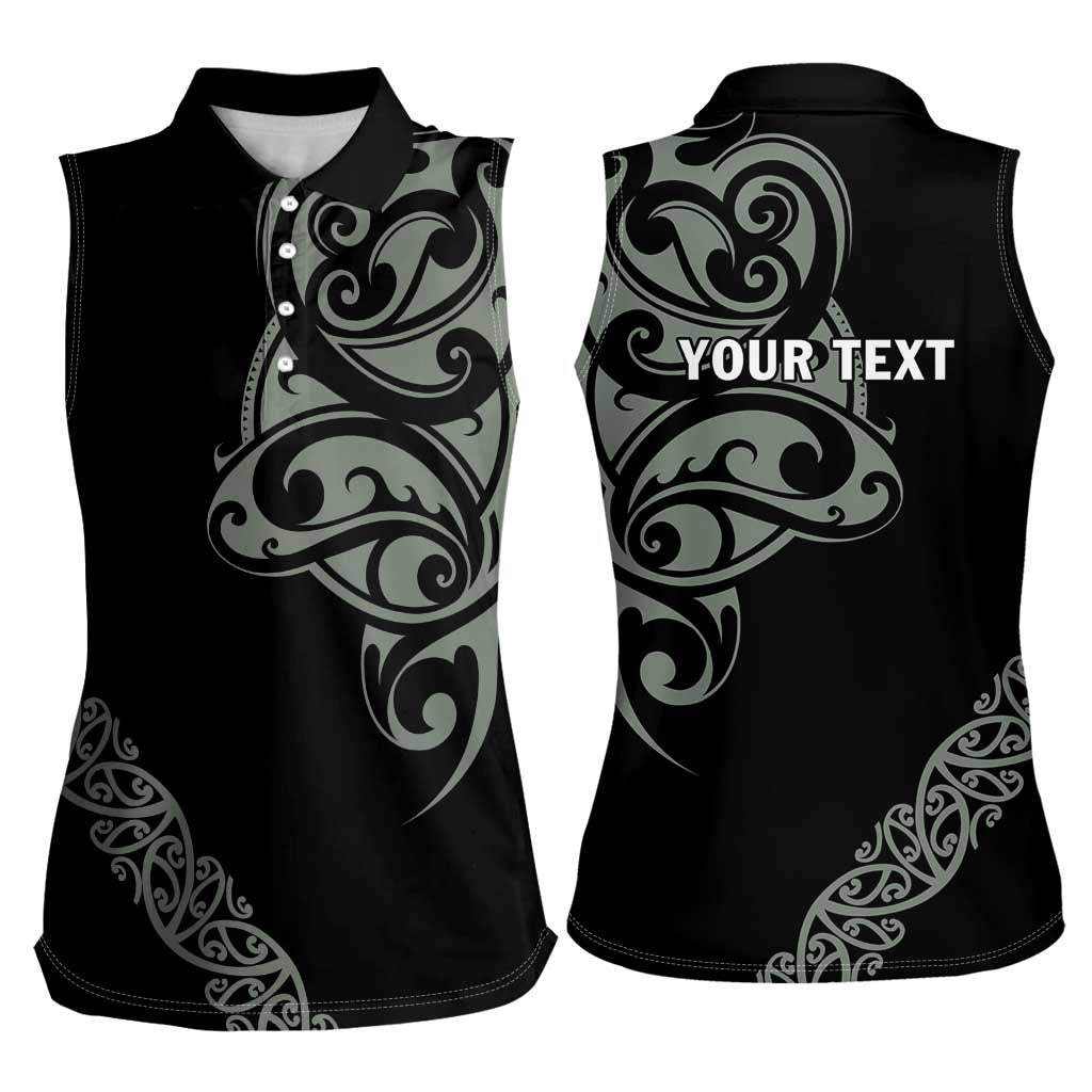 All Black Maori Tribal Tattoo Personalised Women Sleeveless Polo Shirt Moss Green Polynesian Style - Polynesian Pride