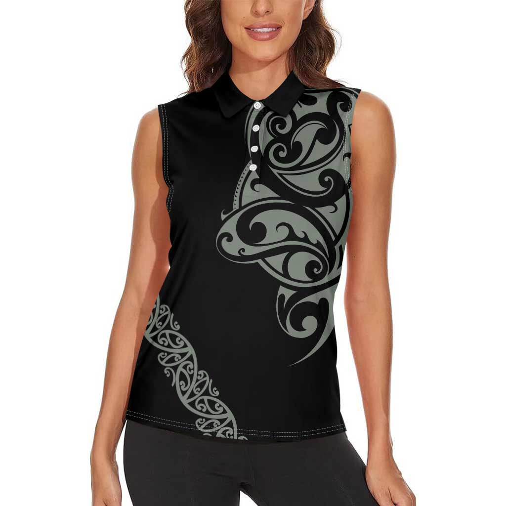 All Black Maori Tribal Tattoo Personalised Women Sleeveless Polo Shirt Moss Green Polynesian Style - Polynesian Pride