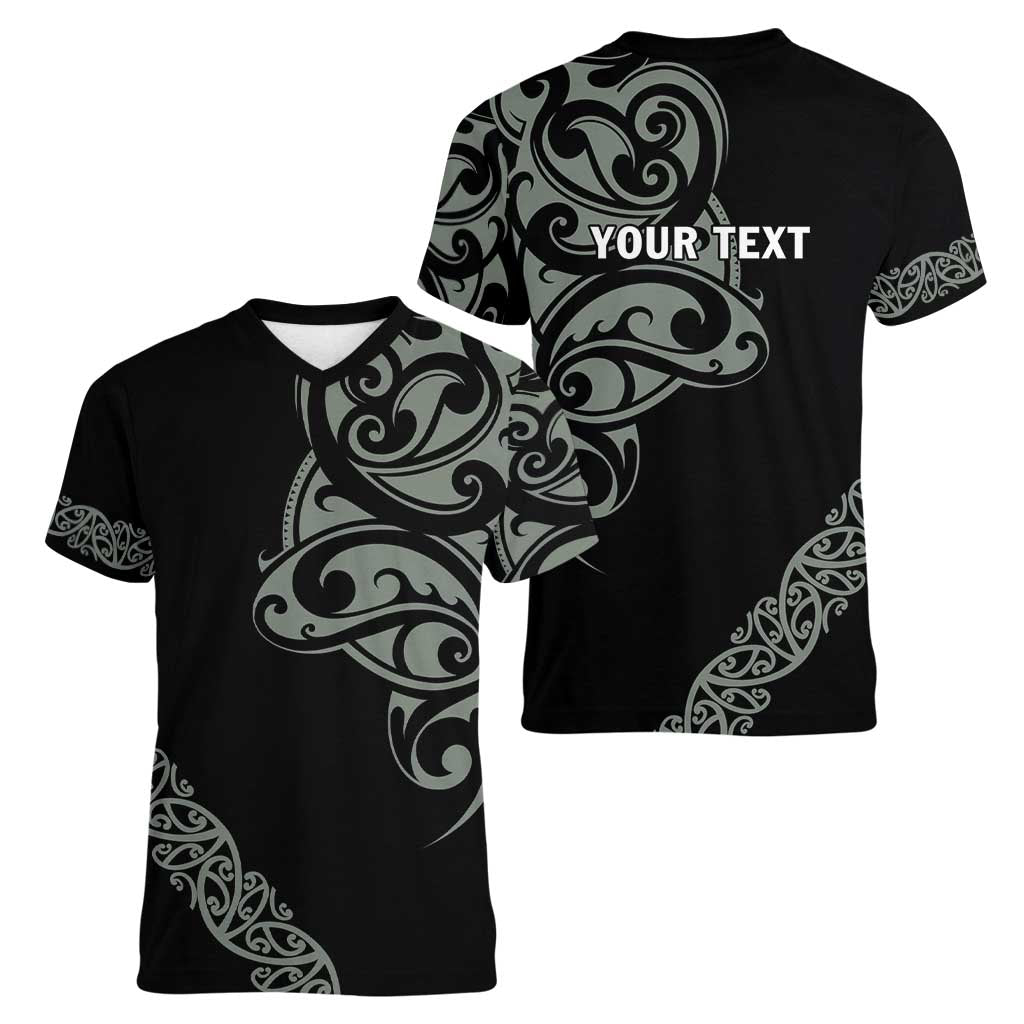 All Black Maori Tribal Tattoo Personalised Women V-Neck T-Shirt Moss Green Polynesian Style - Polynesian Pride