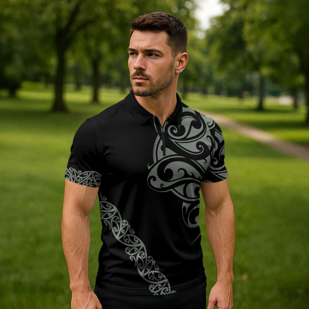 All Black Maori Tribal Tattoo Personalised Zipper Polo Shirt Moss Green Polynesian Style - Polynesian Pride