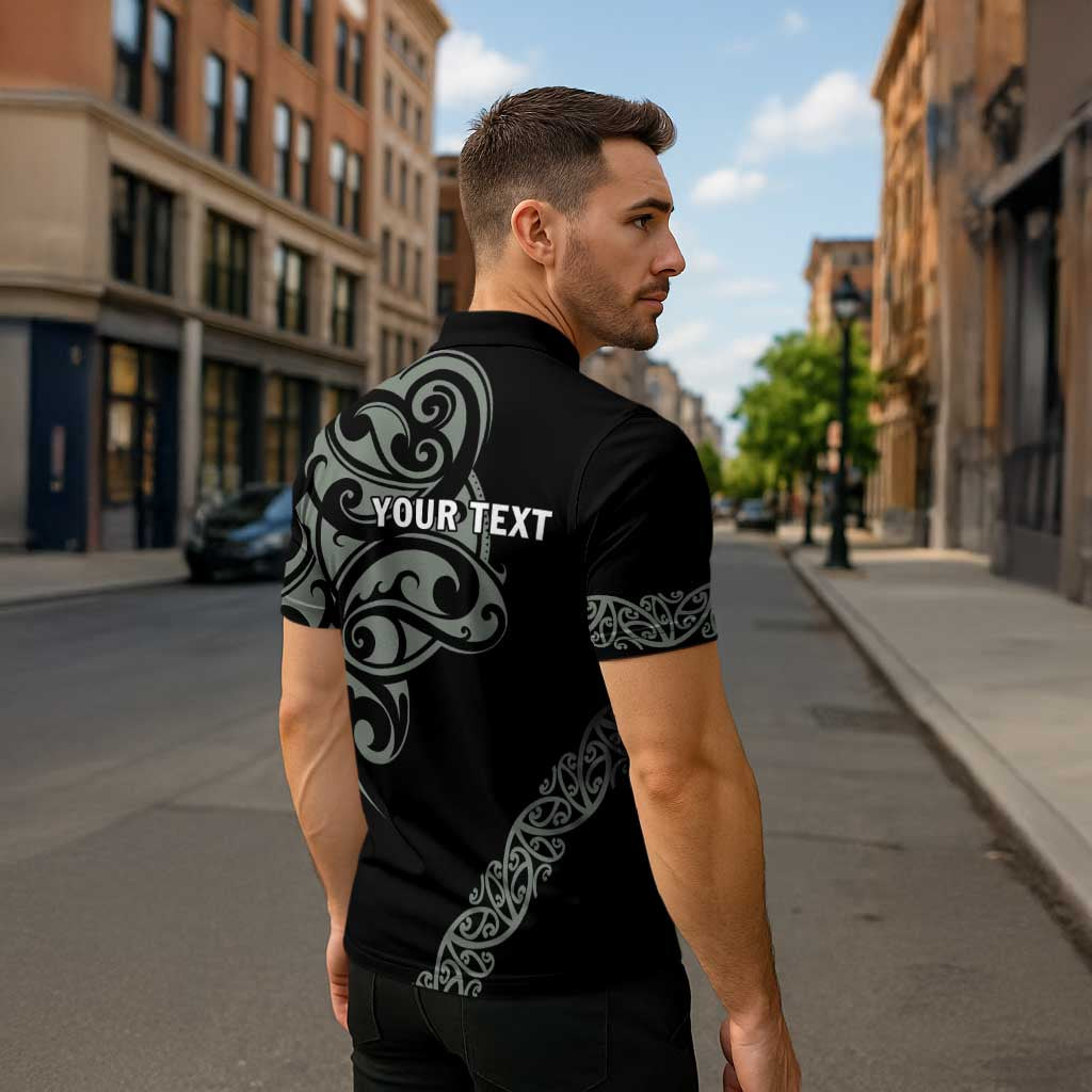All Black Maori Tribal Tattoo Personalised Zipper Polo Shirt Moss Green Polynesian Style - Polynesian Pride